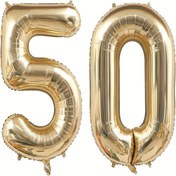 Resim 101.6 cm Altın ve Açık Altın Varak Mylar Helyum Balonları - Şenlikli 50. Doğum Günü Partisi Süslemeleri 