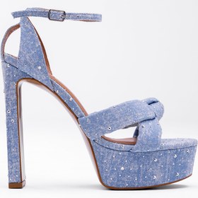 Resim Tasarım Denim Taş İşlemeli Platform Ayakkabı – Yüksek Kalın Topuk, Bilekten Bağcıklı Stil 