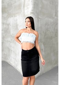 Resim HLT Jeans Siyah Kadın Regular Fit Yüksek Bel Orta Boy Denim Kot Etek Alice-4009 Siyah 