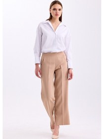Resim Arkadan Lastikli Yüksek Bel Geniş Paça Palazzo Kadın Rahat Kumaş Pantolon 2345 Bej 