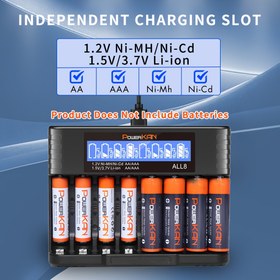 Resim PowerKAN 8 Yuvalı AA AAA Pil Şarj Cihazı, 1.2V Ni-MH/Ni-CD: 350mAhx8; 1.5V Li-ion: 200mAhx8, 1.2V Ni-MH/Ni-CD ve 1.5V/3.7V Li-ion Şarj Edilebilir Piller İçin Uygun (USB-C Kablosu Dahil) 