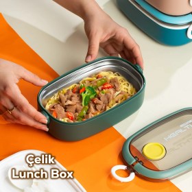 Resim Posima 3114-2 Stainless Steel Vakumlu Lunch Box Tek Katlı Paslanmaz Çelik Kilitlenir Kendinden Kaşıklı Sefer Tası Yemek Termosu – 750ML Yeşil 