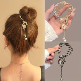 Resim Vintage Lüks Püskül At Kuyruğu Toka Klipsi, Sahte İnci Tasarımlı Rhinestone Metal Toka, Kadınlar İçin Saç Aksesuarları 