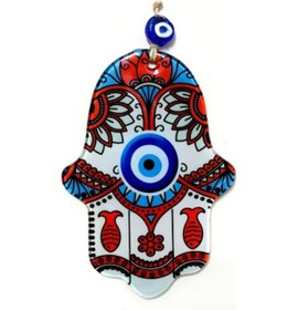 Resim Kırmızı Balıklı Nazar Boncuklu Fatma Ana Bereket Eli Füzyon Cam Duvar Süsü 