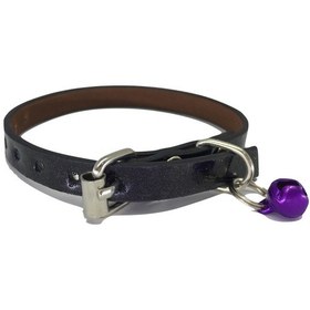 Resim Mor Renk Simli Görünümlü Parlak Derili 1 CM Zilli Kedi Tasması 