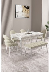 Resim Milas Beyaz Mermer Desen 80x132 Mdf Açılabilir Yemek Masası Takımı 4 Sandalye, 1 Bench Krem 
