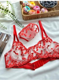 Resim Kırmızı Kalpli Balenli Dantelli Sütyen Tanga Takımı - Fantezi İç Giyim Kırmızı 