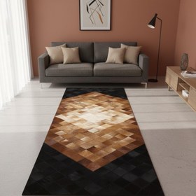 Resim Açık Kahverengi Merkezli Siyah Köşeli Dana Derisi Patchwork - 80x200 cm 