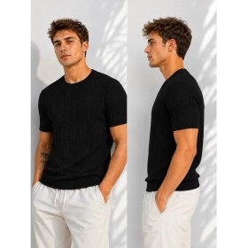 Resim ribana Erkek Bisiklet Yaka Kısa Kollu Esnek Örme Triko T-Shirt 26091 