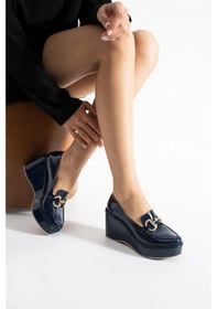 Resim Zenne Shoes Dolgu Topuklu Tokalı Kadın Ayakkabı Lacivert 