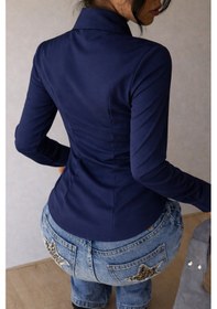 Resim Kadın Premium Gömlek Slim Fit Uzun Kollu Şık Ofis Günlük Kombin Basic Klasik Gömlek Lacivert 