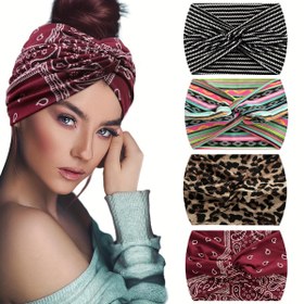Resim 4 Adet Kadın Geniş Saç Bandı - Kaymaz Yoga ve Koşu Bandları Leopar Baskılı, Zebra Çizgili, Çiçekli & Paisley Desenli Egzersizler için, Spor Salonu, Günlük Moda - Yumuşak Rahat Saç Aksesuarları, Modern Saç Bandı | Nem Emici Kumaş, Saç Bandı Aksesuarları 