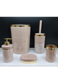 Resim 5 Parça Akrilik Yuvarlak Banyo Seti Somon Mermer Gold Kromaj Somon 