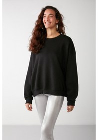 Resim Grimelange Vaneltına İçi Polarlı 3 İplik Organik Pamuk Oversize Basic Bisiklet Yaka Kadın Sweatshirt - Siyah 