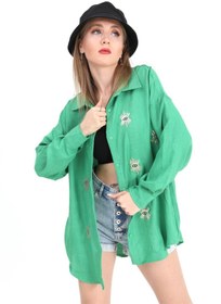 Resim VELİZADE Kadın Yeşil Göz Nakışlı %100 Keten Gömlek Oversize Salaş Kesim Boyfriend Tesettür 