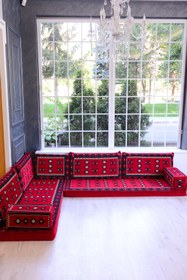 Resim BAKIRÖZÜ HOME Şark Köşesi Takımı Konsepti Kırmızı Yemen Modeli Koltuk Takımı Sünger Dahil (9 Parça) 