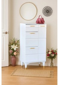 Resim Roma Beyaz Ayakkabılık Gold Detaylı 1 Kapaklı 1 Çekmeceli 2 Düşen Kapak 60x34x150 Cm 