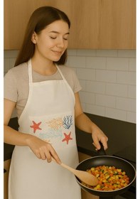 Resim Deniz Temalı Cepli Mutfak Önlüğü Pamuk Kumaş, Yumuşak Ve Hafif Yapı Ekru 
