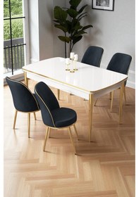Resim Canisa Nira Serisi 70x114 Mdf Açılabilir Beyaz Mutfak Masa Takımı 4 Antrasit Sandalye Gold Detay Beyaz Masa Sandalye Antrasit Ayaklar Gold 