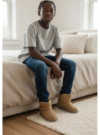 Resim Çocuk Tam Ortopedik Süet İçi Kürklü Cırtlı Kreş Anaokulu Ev Panduf Bot Camel 