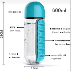 Resim 600 Ml 7 Günlük İlaç Saklama Kutulu Hazneli Su Matarası Mavi 