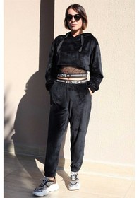 Resim Siyah File Detay Kapşonlu Kadife Eşofman Takım Xl Siyah 