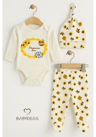 Resim Babyden's Dayısının Balı Yazılı 3 Lü Takım Uzun Kollu Body, Patikli Alt Ve Şapka ,arılı Çiçek Desenli Bebek Takımı Ekru 