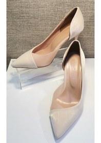 Resim New Angel 853 Kadın Topuklu Şeffaf Detaylı Stiletto Ayakkabı Bej Saten 