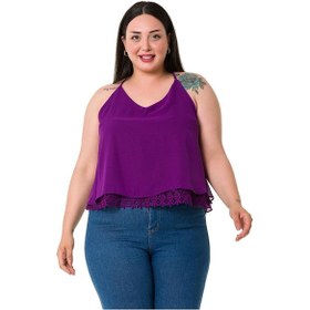 Resim Büyük Beden Sırt Dekolteli Dantel Detaylı Şifon Mor Bluz-mor Mor 