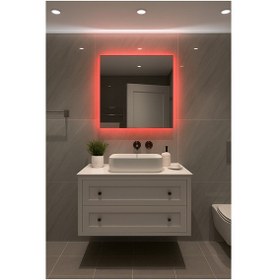 Resim Digital Hayat Kırmızı Led Işıklı Kare Ayna Dekoratif Banyo Makyaj Aynası 50cm - 80cm Kırmızı 