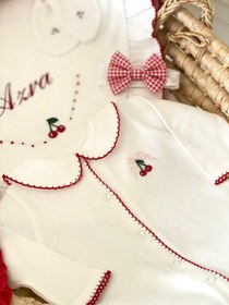 Resim Cherry Kirazlı Organik Yenidoğan Seti - Kırmızı Kroşeta Kenar Detaylı - 4 Parça Set / Fırfırlı Battaniye & Lola Şapka 