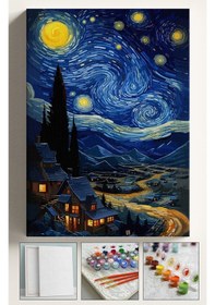 Resim Sayılarla Boyama Çerçeveli Hobi Seti Numaralı Tuval Fırça Boya Kasnaklı Yıldızlı Gece Köy 40x50 Cm 