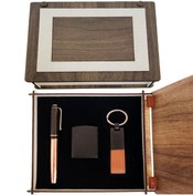 Resim PERİBOİA Periboia Özel Ahşap Kutulu Bakır Roller Kalem, Anahtarlık ve Çakmak Set 