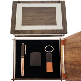 Resim PERİBOİA Periboia Özel Ahşap Kutulu Bakır Roller Kalem, Anahtarlık ve Çakmak Set 