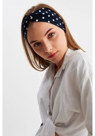 Resim Kadın Çapraz Bağlamalı Pamuklu Penye, Kaymaz, Yumuşak, Esnek, Saç Bandı Bandana - Tek Ebat / Lacivert Puantiye Lacivert Puantiye 