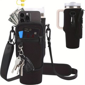 Resim 40oz Termos İçin Uygun, Cep Telefonu Cebi ve Saplı Klorobutyl Kauçuk Spor Su Şişesi Tutucu Çanta, Ayarlanabilir Omuz Askısı ile, Yürüyüş, Seyahat, Kamp, Doğum Günü ve Festival Hediyeleri için Uygun 