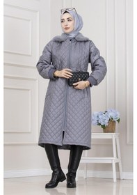 Resim Yakası Kürklü Capitone Mont-gri-5561 Gri 