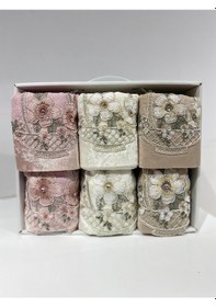 Resim Kadife Gipürlü Analı Kızlı Havlu Seti 6 Lı 3 Ad 50 90-3 Ad 30 50 Krem - Kahve - Pudra 