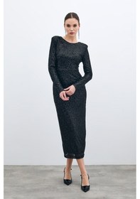 Resim Sateen Sırt Dekolteli Payet Elbise - Siyah-135580 Siyah 