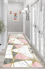 Resim Pelangi Mermer Desenli Gold Şeritli Dijital Baskı Yıkanabilir Kaymaz Taban Kilim Model Salon Halısı, Gri 80 x 50, 95554260800507 