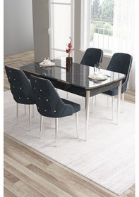 Resim Canisa Tia Serisi 80x132 Açılabilir Mdf Siyah Mermer Desen Krom Detay Masa Takımı Ve 4 Antrasit Sandalye Masa Siyah Mermer Desen Sandalye Antrasit 