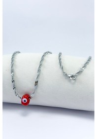 Resim El Yapımı Kırmızı Cam Nazar Boncuklu Gümüş Renk Çelik Burmalı Kol Çok Renkli 