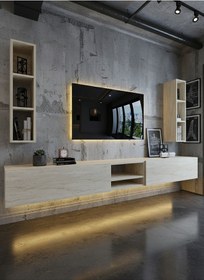 Resim Resital Ledli Duvara Monte Tv Sehpası - Traverten - W6002-8 Traverten 