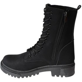 Resim Yazkış Kadın Siyah Mat Cilt Bağcıklı Fermuaralı 18cm Bilekboyu Düz Termo Taban Postal Bot Siyah 