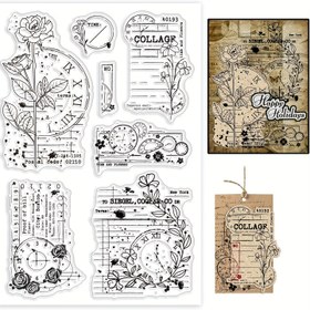 Resim 1 adet Vintage Bitki ve Saat Tasarımı Şeffaf Silikon Damga - DIY Scrapbooking ve Kart Yapımı, Ev Dekorasyon El Sanatları, Dekoratif Damgalama için idealdir | Vintage Çiçek Deseni | Şeffaf Silikon Damga 