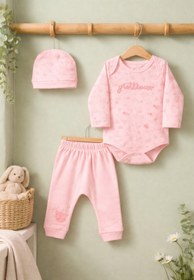 Resim Minelia Kids Kız Bebek %100 Pamuk 3’lü Takım Body Pantolon Şapka - Pembe 3-9 Ay 