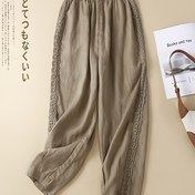 Resim Kadınların Vintage Esintili Dantel Detaylı Harem Pantolonları - Bej Kırpılmış Flare Kotlar, Hafif Polyester Karışımı, Bahar/Yaz/Sonbahar, Rahat Kıyafet, Kırpılmış Kotlar, Mevsimsel Moda, Şeffaf Olmayan Kumaş 