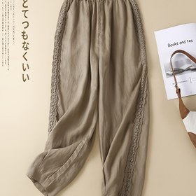 Resim Kadınların Vintage Esintili Dantel Detaylı Harem Pantolonları - Bej Kırpılmış Flare Kotlar, Hafif Polyester Karışımı, Bahar/Yaz/Sonbahar, Rahat Kıyafet, Kırpılmış Kotlar, Mevsimsel Moda, Şeffaf Olmayan Kumaş 