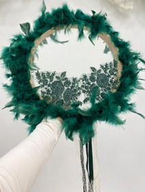 Resim ZEYMERADE Vip Aplikli Tüylü Gelin Tefi Yeşil, Nedime Düğün Kına Gecesi Sünnet Bekarlığa Veda Bride 30cm 1 Adet 