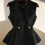 Resim Kadın Hafif Şık Blazer Yelek - Zarif Düğmeli Kolsuz Ceket, Yaka Yaka, Düz Renk, Bahar/Yaz Koleksiyonu, Kadın Modası, Sophisticated Tailoring 